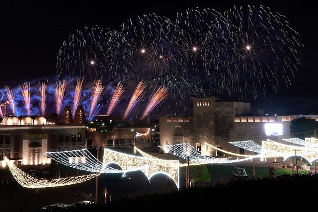 Fireworks illuminate the sky over Katara Cultural Village in Doha on May 28, 2026 on the second day of Eid al-Adha, the Feast of Sacrifice, which marks the end of the annual Hajj pilgrimage to Mecca and commemorates the Prophet Abraham's willingness to sacrifice his son in obedience to God. (Photo by Karim JAAFAR / AFP)