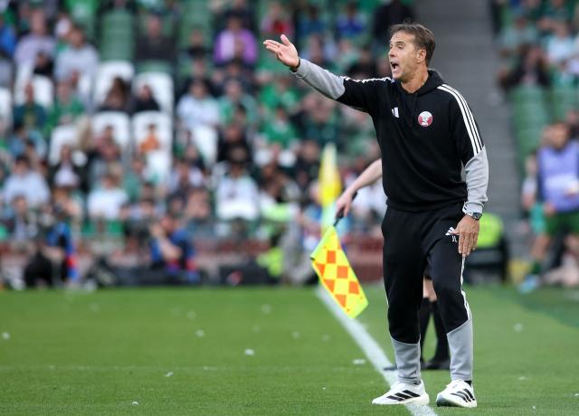 Qatar's Spanish Manager Julen Lopetegui reacts during the international friendly football match between the Republic of Ireland and Qatar, at the Aviva Stadium in Dublin, Ireland on May 28, 2026. (Photo by Paul Faith / AFP)