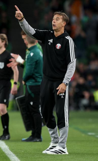 Qatar's Spanish Manager Julen Lopetegui reacts during the international friendly football match between the Republic of Ireland and Qatar, at the Aviva Stadium in Dublin, Ireland on May 28, 2026. (Photo by Paul Faith / AFP)