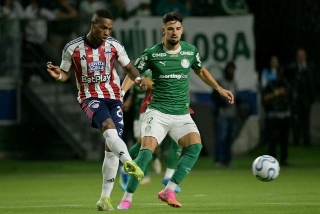 Junior's defender #24 Jean Carlos Pestana and Palmeiras' Argentine forward #42 Jose Manuel Lopez fight for the ball during the Copa Libertadores group stage football match between Brazil's Palmeiras and Colombia's Junior at the Allianz Parque stadium in Sao Paulo, Brazil on May 28, 2026. (Photo by NELSON ALMEIDA / AFP)