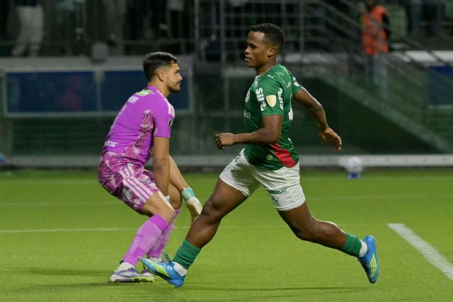 Palmeiras' Colombian midfielder #11 Jhon Arias celebrates after scoring the opening goal during the Copa Libertadores group stage football match between Brazil's Palmeiras and Colombia's Junior at the Allianz Parque stadium in Sao Paulo, Brazil on May 28, 2026. (Photo by NELSON ALMEIDA / AFP)
