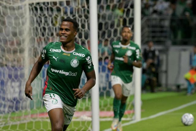 Palmeiras' Colombian midfielder #11 Jhon Arias celebrates after scoring the opening goal during the Copa Libertadores group stage football match between Brazil's Palmeiras and Colombia's Junior at the Allianz Parque stadium in Sao Paulo, Brazil on May 28, 2026. (Photo by NELSON ALMEIDA / AFP)