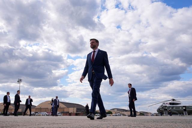 US Vice President JD Vance walks to speak with reporters after his arrival at Joint Base Andrews in Maryland, on May 28, 2026 on his return from Colorado where he attended the 2026 graduation ceremony at the US Air Force Academy. (Photo by Matt Rourke / POOL / AFP)