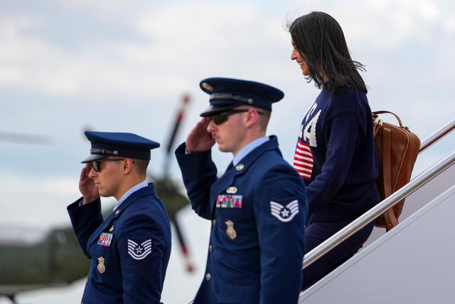 US Second Lady Usha Vance steps off Air Force Two upon arrival with Vice President JD Vance (unseen) at Joint Base Andrews in Maryland, on May 28, 2026 on their return from Colorado where they attended the 2026 graduation ceremony at the US Air Force Academy. (Photo by Matt Rourke / POOL / AFP)
