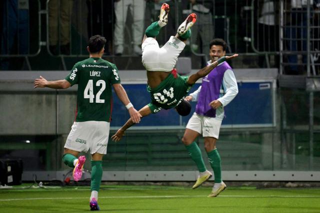 Palmeiras' forward #40 Allan celebrates after scoring his team's second goal during the Copa Libertadores group stage football match between Brazil's Palmeiras and Colombia's Junior at the Allianz Parque stadium in Sao Paulo, Brazil on May 28, 2026. (Photo by NELSON ALMEIDA / AFP)