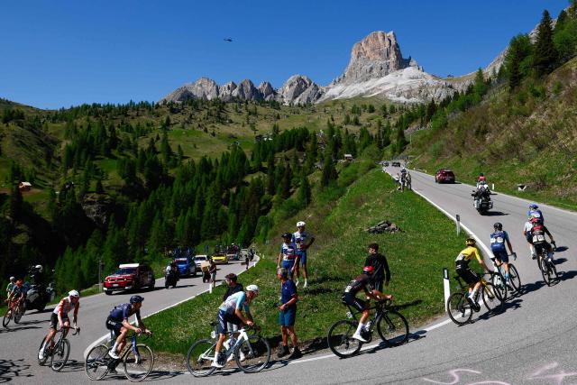 A lead breakaway cycles in the ascent of Passo Gau during the 19th stage of the Giro d'Italia 2026 - Tour of Italy cycling race between Feltre and Alleghe, Italy, on May 29, 2026. (Photo by Luca Bettini / AFP)