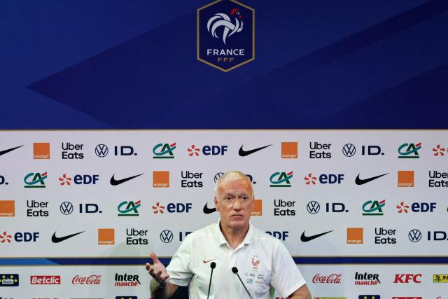 France's coach Didier Deschamps delivers a press conference ahead of a training session at French football federation's (FFF) training ground in Clairefontaine-en-Yvelines, southwest of Paris on May 29, 2026, ahead of the 2026 FIFA World Cup. (Photo by STEPHANE DE SAKUTIN / AFP)