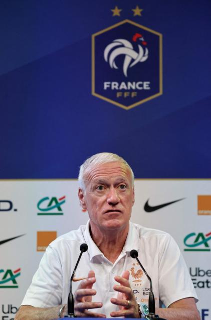France's coach Didier Deschamps delivers a press conference ahead of a training session at French football federation's (FFF) training ground in Clairefontaine-en-Yvelines, southwest of Paris on May 29, 2026, ahead of the 2026 FIFA World Cup. (Photo by STEPHANE DE SAKUTIN / AFP)