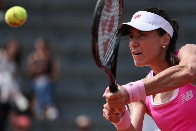Romania's Sorana Cirstea plays a backhand return to Argentina's Solana Sierra during their women's singles match on day 6 of the French Open tennis tournament at the Roland-Garros Complex in Paris on May 29, 2026. (Photo by Anne-Christine POUJOULAT / AFP)