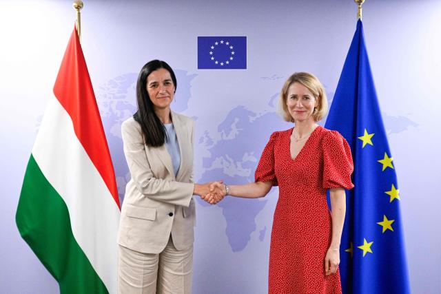 EU High Representative and Vice-President for Foreign Affairs and Security Policy Kaja Kallas (R) welcomes Hungary's Foreign Affairs minister Anita Orban before their meeting at the EU Headquarters in Brussels on May 29, 2026. (Photo by JOHN THYS / AFP)