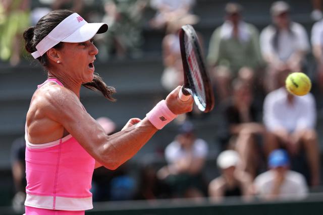 Romania's Sorana Cirstea plays a forehand return to Argentina's Solana Sierra during their women's singles match on day 6 of the French Open tennis tournament at the Roland-Garros Complex in Paris on May 29, 2026. (Photo by Anne-Christine POUJOULAT / AFP)