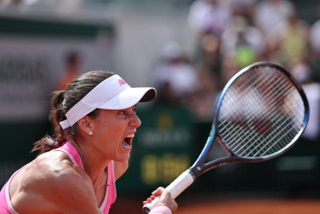 Romania's Sorana Cirstea reacts to a point against Argentina's Solana Sierra during their women's singles match on day 6 of the French Open tennis tournament at the Roland-Garros Complex in Paris on May 29, 2026. (Photo by Anne-Christine POUJOULAT / AFP)