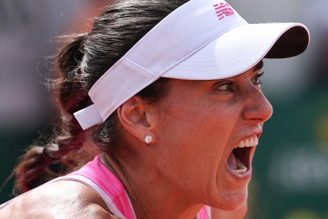 Romania's Sorana Cirstea reacts to a point against Argentina's Solana Sierra during their women's singles match on day 6 of the French Open tennis tournament at the Roland-Garros Complex in Paris on May 29, 2026. (Photo by Anne-Christine POUJOULAT / AFP)