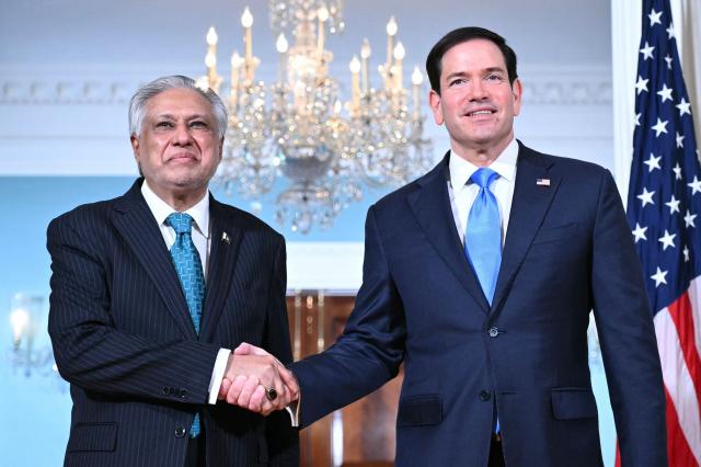 US Secretary of State Marco Rubio shakes hands with Pakistan's Foreign Minister Ishaq Dar (L) in the Treaty Room of the State Department ahead of a meeting on May 29, 2026 in Washington, DC. (Photo by Mandel NGAN / AFP)