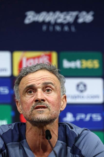 Paris Saint-Germain's Spanish headcoach Luis Enrique addresses a MD-1 press conference on May 29, 2026, the eve of the UEFA Champions League final football match between Paris Saint-Germain (PSG) and Arsenal at the Puskas Arena in Budapest. Paris Saint-Germain (PSG) face Arsenal in the UEFA Champions League final football match on May 30, 2026 in Budapest. (Photo by FRANCK FIFE / POOL / AFP)