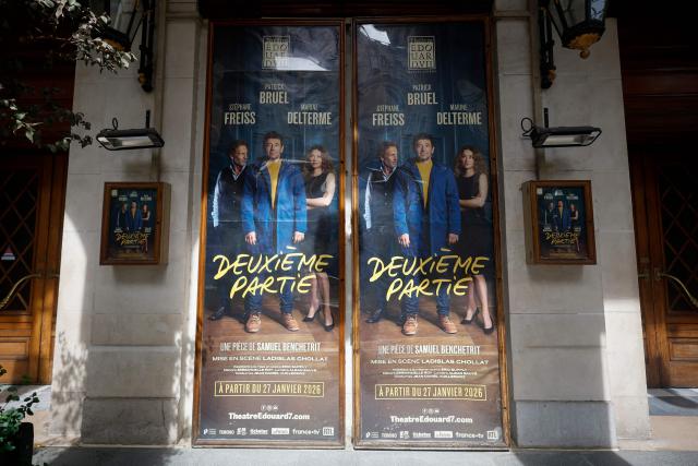 This photograph shows theatre posters of a play entitled "Deuxieme Partie" starring French singer and actor Patrick Bruel displayed on the facade of the Theatre Edouard VII in Paris on May 29, 2026. A performance of the play "Deuxieme Partie" was briefly disrupted on the evening of May 27, 2026 in Paris by activists from the feminist collective Nous Toutes who had taken their seats in the Theatre Edouard VII, according to videos posted on social media. Patrick Bruel is currently facing four rape allegations in France and a judicial investigation into sexual assault in Belgium. He denies all the allegations against him. (Photo by SIMON WOHLFAHRT / AFP)