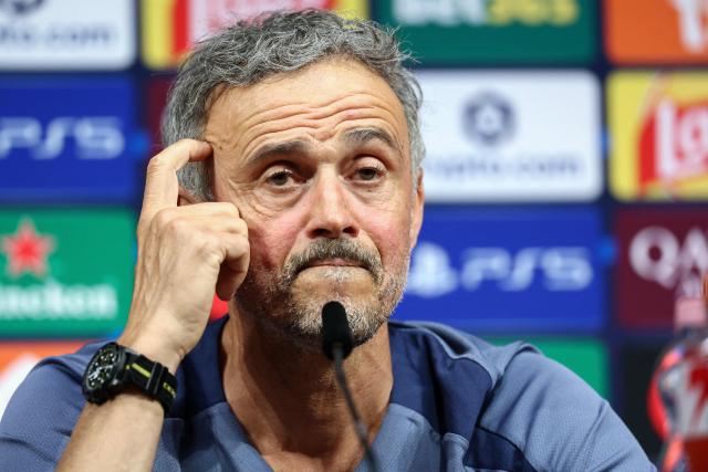 Paris Saint-Germain's Spanish headcoach Luis Enrique addresses a MD-1 press conference on May 29, 2026, the eve of the UEFA Champions League final football match between Paris Saint-Germain (PSG) and Arsenal at the Puskas Arena in Budapest. Paris Saint-Germain (PSG) face Arsenal in the UEFA Champions League final football match on May 30, 2026 in Budapest. (Photo by FRANCK FIFE / POOL / AFP)