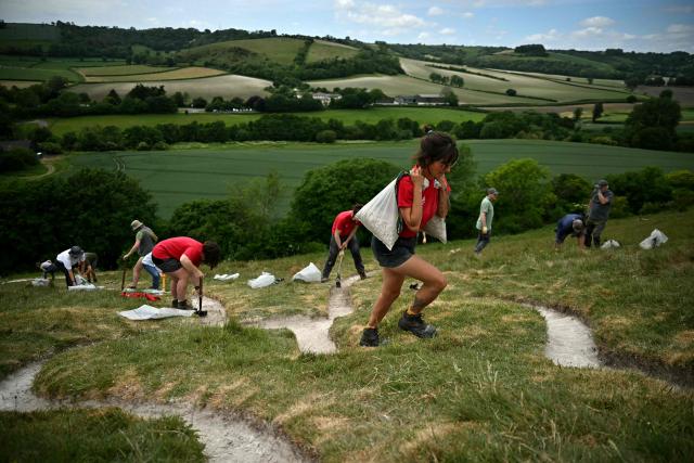 A volunteer carries chalk up the hill during the once-a-decade restoration of the Cerne Abbas Giant, in Dorchester, southern England on May 29, 2026. (Photo by Ben STANSALL / AFP)