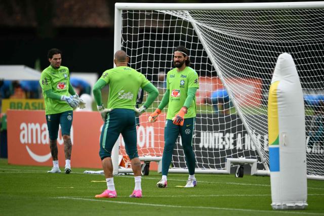 (L-R) Brazil's goalkeepers Ederson Moraes, Weverton and Alisson take part in a training session at the Granja Comary training center in Teresopolis, Rio de Janeiro, Brazil, on May 29, 2026, ahead of the FIFA World Cup 2026. (Photo by Mauro PIMENTEL / AFP)