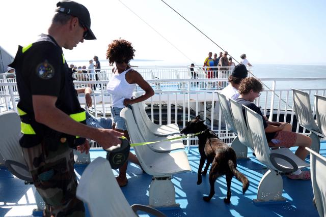 A French gendarme patrols with a sniffer dog of French Gendarmerie's K9 Unit on a ferry connecting Le Verdon-sur-Mer (Gironde) to Royan (Charente-Maritime) during an anti-drug trafficking operation, off the coast of Royan, south-western France on May 29, 2026. (Photo by ROMAIN PERROCHEAU / AFP)