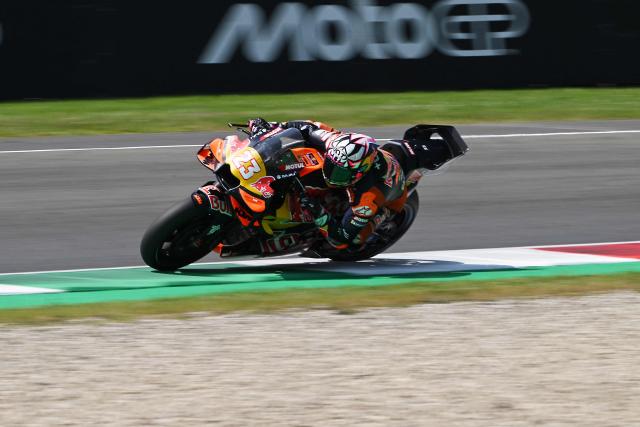 Red Bull KTM Tech3 team's Italian MotoGP rider Enea Bastianini steers his motorbike during the second practice session ahead of the Italian Moto GP Grand Prix at Mugello circuit, in Mugello, near Florence, on May 29, 2026. (Photo by Andreas SOLARO / AFP)