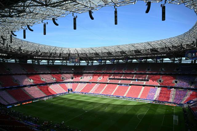 A general view shows the stands at The Puskas Arena in Budapest on May 29, 2026, on the eve of the UEFA Champions League final football match between Paris Saint-Germain (PSG) and Arsenal. Paris Saint-Germain (PSG) face Arsenal in the UEFA Champions League final football match on May 30, 2026 in Budapest. (Photo by NICOLAS TUCAT / AFP)