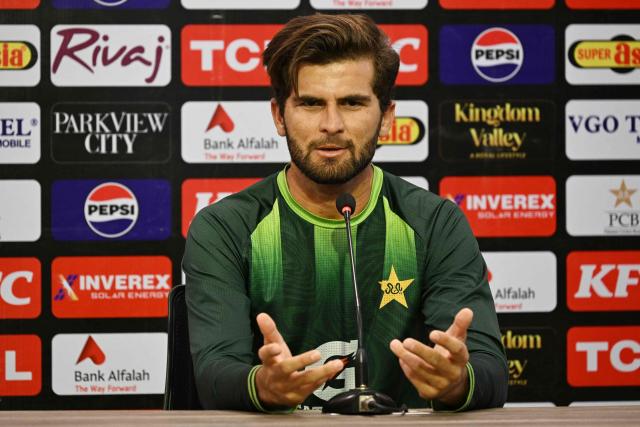 Pakistan's captain Shaheen Shah Afridi listens to a question in a press briefing at Rawalpindi Cricket Stadium in Rawalpindi on May 29, 2026, ahead of the opening One-Day International (ODI) between Pakistan and Australia. (Photo by Farooq NAEEM / AFP)