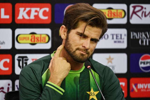 Pakistan's captain Shaheen Shah Afridi listens to a question in a press briefing at Rawalpindi Cricket Stadium in Rawalpindi on May 29, 2026, ahead of the opening One-Day International (ODI) between Pakistan and Australia. (Photo by Farooq NAEEM / AFP)