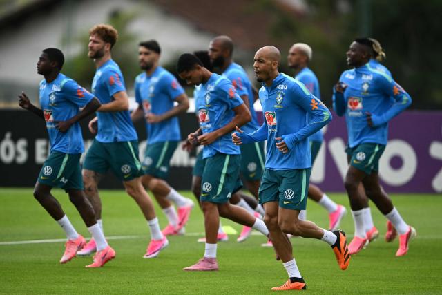 Brazil's midfielder Fabinho and teammates take part in a training session at the Granja Comary training center in Teresopolis, Rio de Janeiro, Brazil, on May 29, 2026, ahead of the FIFA World Cup 2026. (Photo by Mauro PIMENTEL / AFP)
