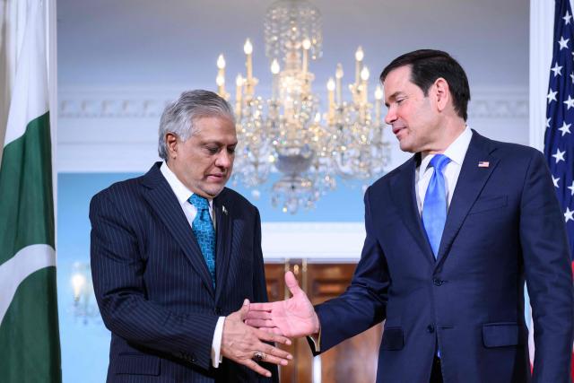 US Secretary of State Marco Rubio shakes hands with Pakistan's Foreign Minister Ishaq Dar (L) in the Treaty Room of the State Department ahead of a meeting on May 29, 2026 in Washington, DC. (Photo by Mandel NGAN / AFP)