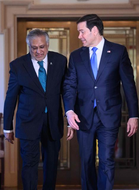 US Secretary of State Marco Rubio arrives with Pakistan's Foreign Minister Ishaq Dar (L) to pose for a photo ahead of a meeting in the Treaty Room of the State Department on May 29, 2026 in Washington, DC. (Photo by Mandel NGAN / AFP)