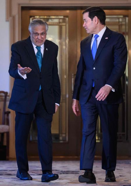 US Secretary of State Marco Rubio arrives with Pakistan's Foreign Minister Ishaq Dar (L) to pose for a photo ahead of a meeting in the Treaty Room of the State Department on May 29, 2026 in Washington, DC. (Photo by Mandel NGAN / AFP)