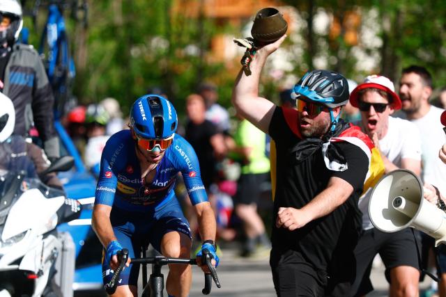 Lidl - Trek Italian rider Giulio Ciccone cycles in a lone breakaway in the final ascent during the 19th stage of the Giro d'Italia 2026 - Tour of Italy cycling race between Feltre and Alleghe, Italy, on May 29, 2026. (Photo by Luca Bettini / AFP)