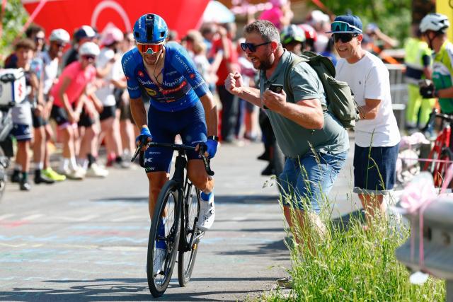 Lidl - Trek Italian rider Giulio Ciccone cycles in a lone breakaway in the final ascent during the 19th stage of the Giro d'Italia 2026 - Tour of Italy cycling race between Feltre and Alleghe, Italy, on May 29, 2026. (Photo by Luca Bettini / AFP)