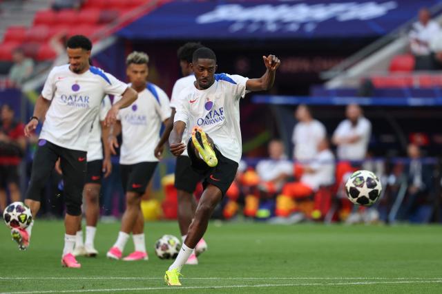 Paris Saint-Germain's French forward #10 Ousmane Dembele practices shooting during a MD-1 training session of his players on May 29, 2026, the eve of the UEFA Champions League final football match between Paris Saint-Germain (PSG) and Arsenal at the Puskas Arena in Budapest. Paris Saint-Germain (PSG) face Arsenal in the UEFA Champions League final football match on May 30, 2026 in Budapest. (Photo by FRANCK FIFE / AFP)