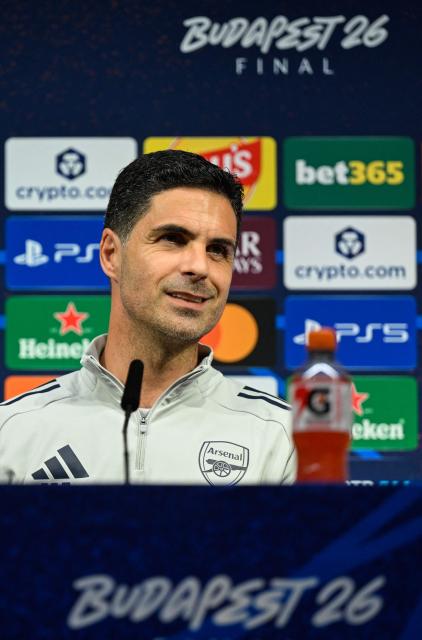 Arsenal's Spanish manager Mikel Arteta addresses a MD-1 press conference on May 29, 2026, the eve of the UEFA Champions League final football match between Paris Saint-Germain (PSG) and Arsenal at the Puskas Arena in Budapest. Paris Saint-Germain (PSG) face Arsenal in the UEFA Champions League final football match on May 30, 2026 in Budapest. (Photo by INA FASSBENDER / POOL / AFP)