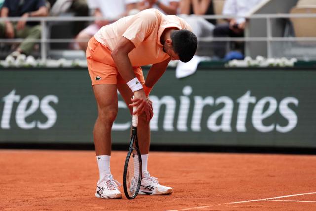 Serbia's Novak Djokovic reacts as he plays against Brazil's Joao Fonseca during their men's singles match on day 6 of the French Open tennis tournament on Court Philippe-Chatrier at the Roland-Garros Complex in Paris on May 29, 2026. (Photo by Dimitar DILKOFF / AFP)