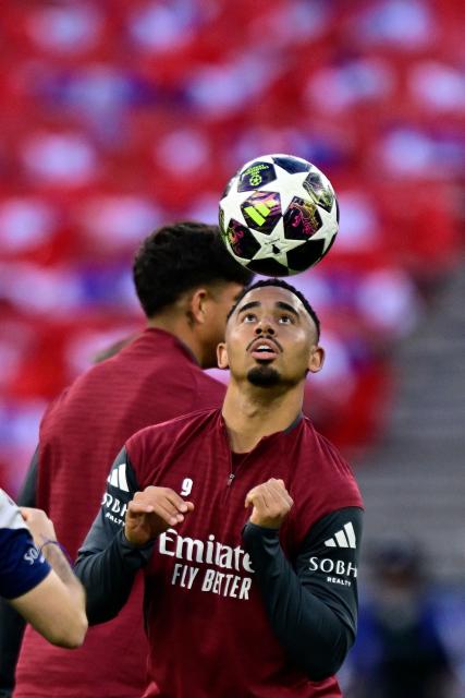 Arsenal's Brazilian striker #09 Gabriel Jesus heads the ball during a MD-1 training session at the Puskas Arena in Budapest on May 29, 2026, on the eve of the UEFA Champions League final football match between Paris Saint-Germain (PSG) and Arsenal FC. Paris Saint-Germain (PSG) face Arsenal in the UEFA Champions League final football match on May 30, 2026 in Budapest. (Photo by INA FASSBENDER / AFP)