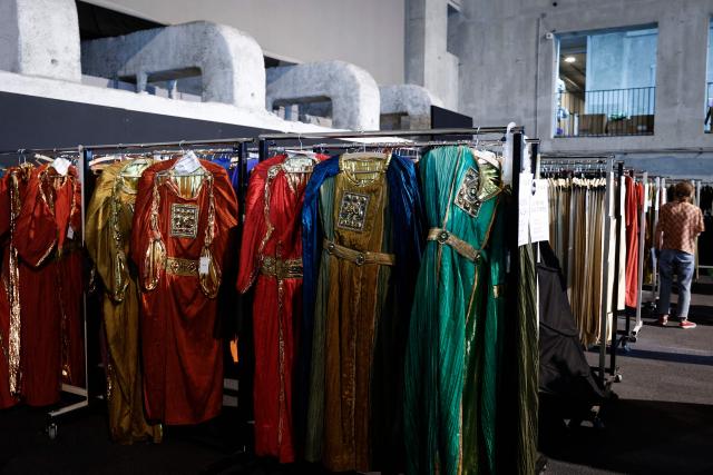 This photograph shows Opera de Bastille items on display during a costume sale held by the Bastille Opera in Paris on May 29, 2026. The Opera Bastille is putting around 5,000 costumes for sale. (Photo by Kenzo TRIBOUILLARD / AFP)