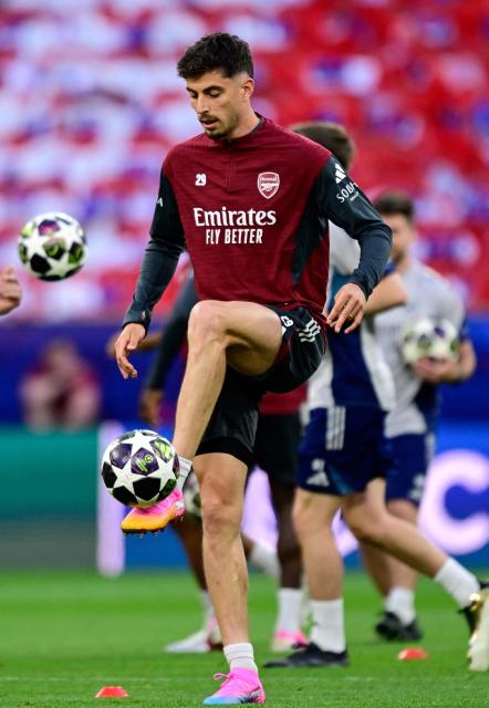 Arsenal's German midfielder #29 Kai Havertz plays the ball during a MD-1 training session at the Puskas Arena in Budapest on May 29, 2026, on the eve of the UEFA Champions League final football match between Paris Saint-Germain (PSG) and Arsenal FC. Paris Saint-Germain (PSG) face Arsenal in the UEFA Champions League final football match on May 30, 2026 in Budapest. (Photo by INA FASSBENDER / AFP)