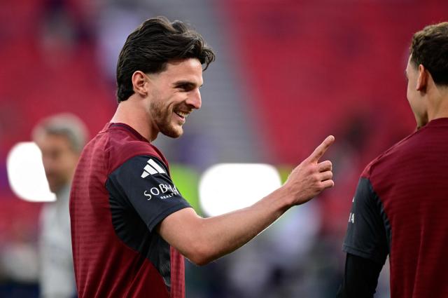 Arsenal's English midfielder #41 Declan Rice reacts during a MD-1 training session at the Puskas Arena in Budapest on May 29, 2026, on the eve of the UEFA Champions League final football match between Paris Saint-Germain (PSG) and Arsenal FC. Paris Saint-Germain (PSG) face Arsenal in the UEFA Champions League final football match on May 30, 2026 in Budapest. (Photo by INA FASSBENDER / AFP)