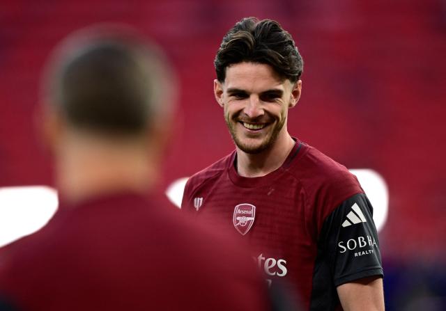 Arsenal's English midfielder #41 Declan Rice reacts during a MD-1 training session at the Puskas Arena in Budapest on May 29, 2026, on the eve of the UEFA Champions League final football match between Paris Saint-Germain (PSG) and Arsenal FC. Paris Saint-Germain (PSG) face Arsenal in the UEFA Champions League final football match on May 30, 2026 in Budapest. (Photo by INA FASSBENDER / AFP)