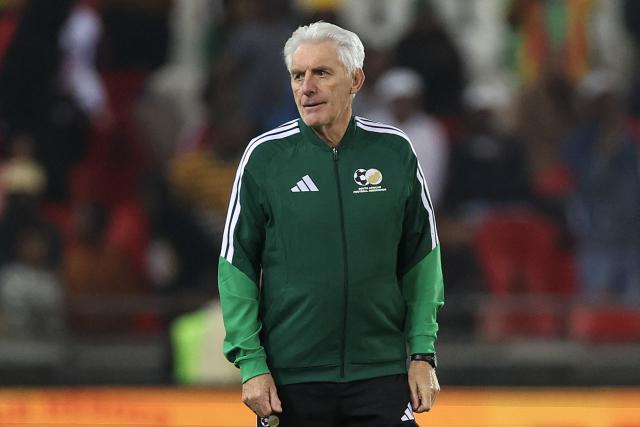 South Africa's Belgian coach Hugo Broos reacts after the international friendly football match between South Africa and Nicaragua at Orlando Stadium in Soweto on May 29, 2026. (Photo by Phill Magakoe / AFP)