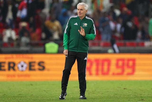 South Africa's Belgian coach Hugo Broos reacts after the international friendly football match between South Africa and Nicaragua at Orlando Stadium in Soweto on May 29, 2026. (Photo by Phill Magakoe / AFP)