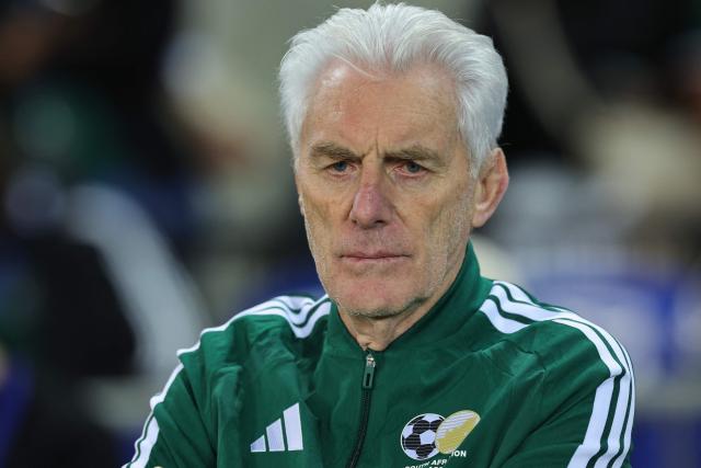 South Africa's Belgian coach Hugo Broos looks on ahead of the international friendly football match between South Africa and Nicaragua at Orlando Stadium in Soweto on May 29, 2026. (Photo by Phill Magakoe / AFP)