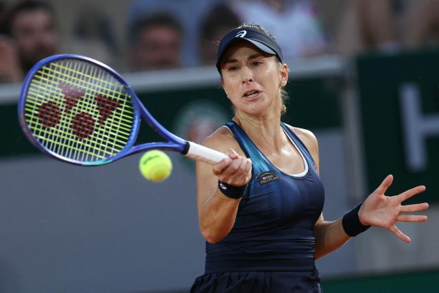Switzerland's Belinda Bencic plays a forehand return to US Peyton Stearns during their women's singles match on day 6 of the French Open tennis tournament on Court Simonne-Mathieu at the Roland-Garros Complex in Paris on May 29, 2026. (Photo by Alain JOCARD / AFP)