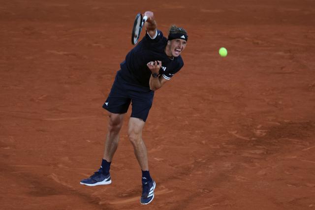 Germany's Alexander Zverev serves to France's Quentin Halys during their men's singles match on day 6 of the French Open tennis tournament on Court Philippe-Chatrier at the Roland-Garros Complex in Paris on May 29, 2026. (Photo by Thomas SAMSON / AFP)