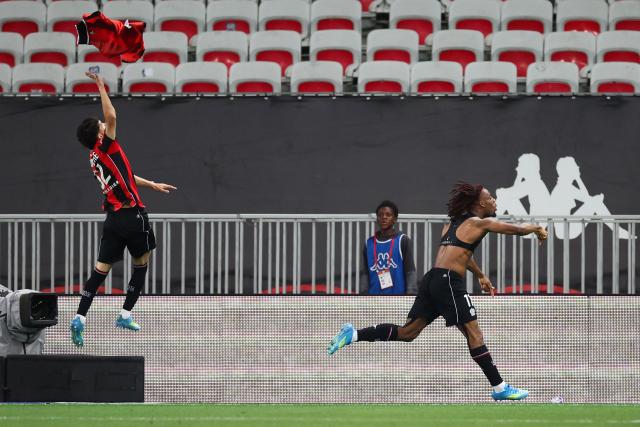 Nice’s French forward #11 Elye Wahi (R) celebrates after scoring a goal during the L1-L2 playoff second-leg football match between first divison club OGC Nice and second division club AS Saint-Etienne at the Allianz Riviera Stadium in Nice, south-eastern France, on May 29, 2026. (Photo by Valery HACHE / AFP)