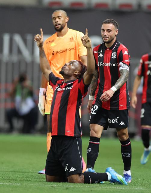 Nice’s French forward #11 Elye Wahi celebrates after scoring a goal during the L1-L2 playoff second-leg football match between first divison club OGC Nice and second division club AS Saint-Etienne at the Allianz Riviera Stadium in Nice, south-eastern France, on May 29, 2026. (Photo by Valery HACHE / AFP)