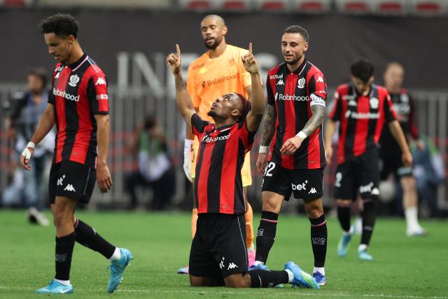 Nice’s French forward #11 Elye Wahi (C) celebrates after scoring a goal during the L1-L2 playoff second-leg football match between first divison club OGC Nice and second division club AS Saint-Etienne at the Allianz Riviera Stadium in Nice, south-eastern France, on May 29, 2026. (Photo by Valery HACHE / AFP)